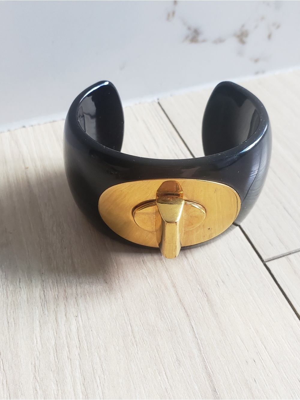 Black Cuff‎ Bracelet with Gold Turnlock Accent